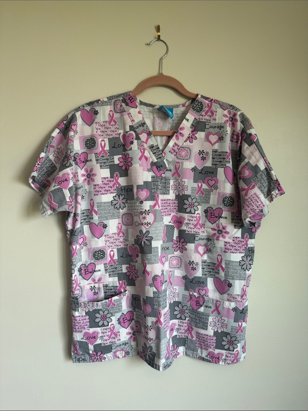 Pink Ribbon Pattern Medical Scrub Top